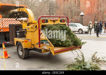 New York, États-Unis. 30 décembre 2020. NYC Parks & DSNY et des élus célèbrent le début du MulchFest 2021 au parc Washington Square. Les New-Yorkais peuvent apporter leur arbre et un sac fourre-tout sur un site de chipping et regarder leur arbre être ébréché, puis apporter leur propre paillis riche en éléments nutritifs à la maison avec eux. Parcs et DSNY ont récolté et paillé des arbres pour aider à planter des lits et des jardins communautaires autour de la ville à croître. (Photo de Lev Radin/Pacific Press) crédit: Pacific Press Media production Corp./Alay Live News Banque D'Images