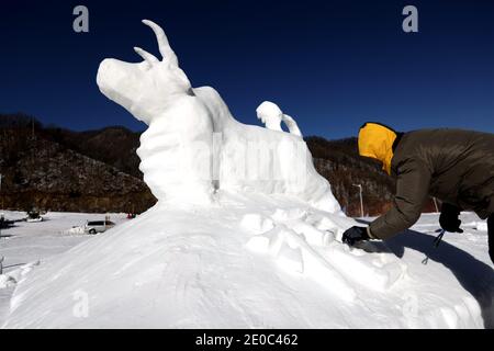 Luoyang, Chine. 31 décembre 2020. Les ouvriers ont carvé 100 oxes pour accueillir l'année du boeuf dans la station de ski de montagne de Funiu à Luoyang, Henan, Chine le 31 décembre 2020.(photo par TPG/cnspotos) crédit: TopPhoto/Alay Live News Banque D'Images