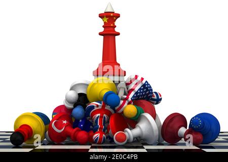 La domination de la Chine dans la géopolitique. Figurine d'échecs - le roi en Chine drapeau couleurs sur le dessus d'une pile de pions tombés dans les couleurs des drapeaux ... Banque D'Images