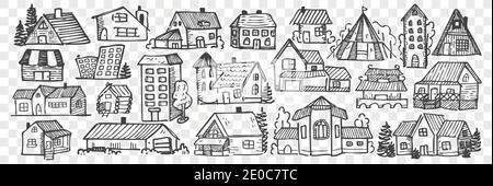 Ensemble de doodle de bâtiments dessinés à la main. Collection de dessins à la craie crayon croquis différentes maisons de ville ou de village isolées sur fond transparent. Arc Illustration de Vecteur