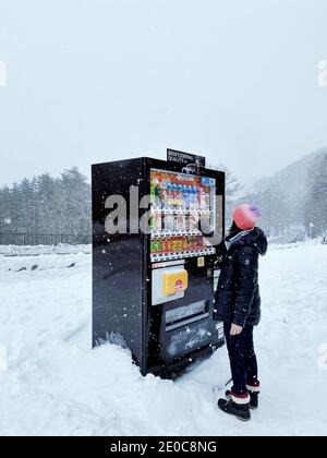 Belle fille d'Asie achète une boisson non alcoolisée par le distributeur automatique pendant le newing. Banque D'Images