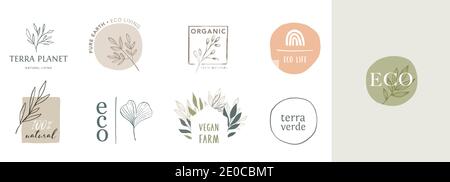 Collection de logos délicats dessinés à la main et des icônes des aliments biologiques, des produits frais et naturels de la ferme, collection d'éléments pour le marché alimentaire, bio Illustration de Vecteur