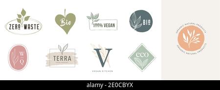 Collection de logos délicats dessinés à la main et des icônes des aliments biologiques, des produits frais et naturels de la ferme, collection d'éléments pour le marché alimentaire, bio Illustration de Vecteur