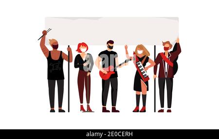 Les travailleurs de la musique qui se trouvent dans les masques protestent lors d'une réunion au cours d'une pandémie de coronavirus. Illustration vectorielle Illustration de Vecteur