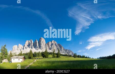 Vue panoramique des sommets d'Odle et des prairies verdoyantes de l'Alm de Glatsch en été, Val di Funes, Tyrol du Sud, Dolomites, Italie, Europe Banque D'Images