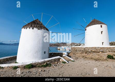 Moulins à vent (Kato Milli), Horta, Mykonos, Cyclades, Iles grecques, Grèce, Europe Banque D'Images