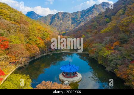 Vue aérienne d'un pavillon situé sur un étang dans Parc national de Naejangsan en république de Corée Banque D'Images