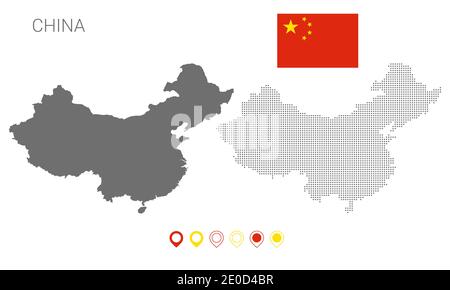 Carte de la silhouette de la Chine, carte de la Chine en pointillés, drapeau de la Chine , illustration vectorielle plate Illustration de Vecteur