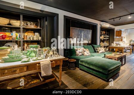 Décoration intérieure élégante avec salon et salle à manger cette chambre dispose de parquet, d''un canapé vert et d''une télévision table en bois vintage avec Banque D'Images