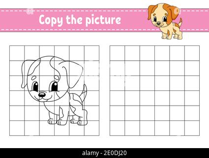 Copy the picture. Coloring book pages for kids. Education developing worksheet. Game for children. Handwriting practice. Funny character. Cute cartoon Stock Vector