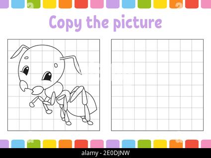 Copy the picture. Coloring book pages for kids. Education developing worksheet. Game for children. Handwriting practice. Funny character. Cute cartoon Stock Vector