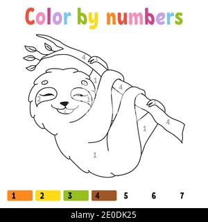 Color by numbers. Coloring book for kids. Cheerful character. Vector illustration. Cute cartoon style. Hand drawn. Fantasy page for children. Isolated Stock Vector