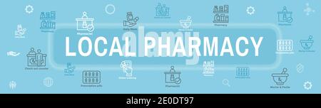 Ensemble d'icônes produits pharmaceutiques et médicaments avec bannière d'en-tête Web Illustration de Vecteur