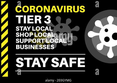 Coronavirus Tier 3 Restez en sécurité local - Illustration avec logos de virus sur fond noir. Illustration de Vecteur