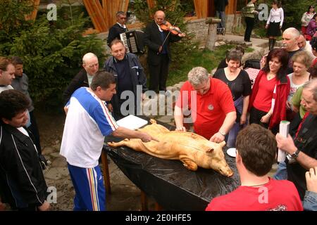 Boucherie d'un cochon dans la campagne roumaine Banque D'Images