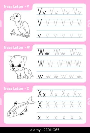 Écriture de lettres. Page de tracé. Feuille de travail pour enfants. Fiche pratique. Apprendre l'alphabet. Personnages mignons. Illustration vectorielle. Style de dessin animé. Illustration de Vecteur