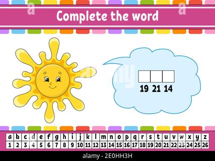 Complétez les mots. Code de chiffrement. Apprentissage du vocabulaire et des chiffres. Feuille de travail sur la formation. Page d'activité pour l'étude en anglais. Illustration vectorielle isolée. Illustration de Vecteur