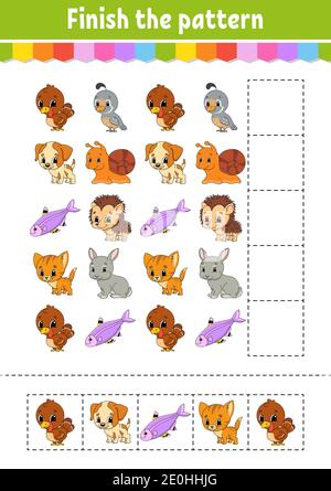 Terminez la répétition. Couper et jouer. Feuille de travail de développement de l'éducation. Page activité. Personnage de dessin animé. Illustration de Vecteur