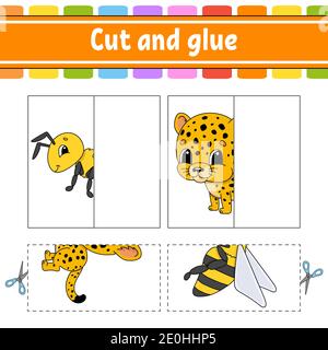 Couper et jouer. Jeu de papier avec colle. Cartes Flash. Feuille de travail sur la formation. Page activité. Caractère drôle. Illustration vectorielle isolée. Style de dessin animé. Illustration de Vecteur