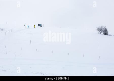 Oberried, Allemagne. 1er janvier 2021. Des poussettes en vestes colorées vous promeuvent dans le paysage hivernal. Le temps hivernal dans la partie supérieure de la Forêt-Noire attire de nombreux visiteurs le jour de l'an. Credit: Philipp von Ditfurth/dpa/Alay Live News Banque D'Images