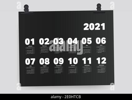 Calendrier 2021 modèle de planificateur de week-end du dimanche au samedi fond noir. Illustration de Vecteur
