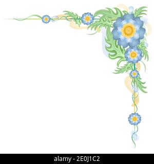 Motif bouquet de cartes à motif fleuri vectoriel avec fleur bleue de jardin illustration verte de branche modèle de bordure de coin de conception aquarelle Illustration de Vecteur