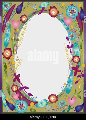 Cadre ovale à motif lettre et motif floral. Page de modèle colorée et lumineuse. Esquimée à la main Illustration de Vecteur