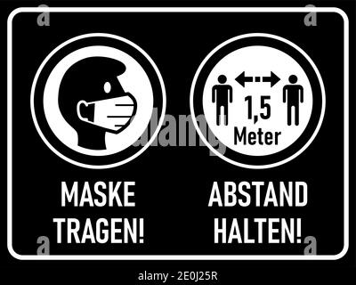Maske tragen (portez un masque) et l'abstand halten (gardez votre distance) 1.5 m signe d'avertissement horizontal en allemand. Image vectorielle. Illustration de Vecteur