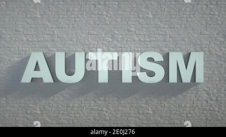 AUTISM -Realistic Metal Sign on White Brick Wall background - Illustration 3D Banque D'Images