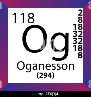Tableau périodique des éléments chimiques d'OG Oganesson. Illustration à vecteur unique, icône colorée avec masse molaire, cont. D'électrons et nombre atomique. Illustration de Vecteur