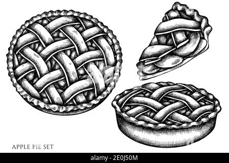 Ensemble vectoriel de tarte aux pommes noire et blanche dessinée à la main Illustration de Vecteur