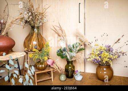 Variété de différentes compositions de fleurs séchées et fraîches et herbes dans une chambre avec des murs beige Banque D'Images