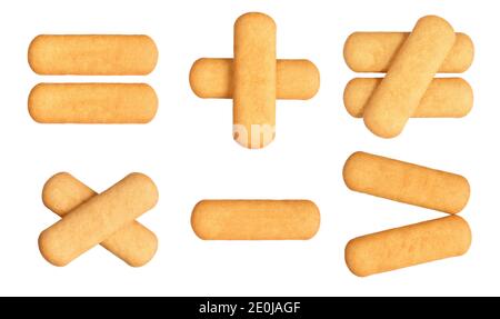 Six signes mathématiques faits de biscuits de bâton. Amusant et éducatif. Nourriture isolée Banque D'Images