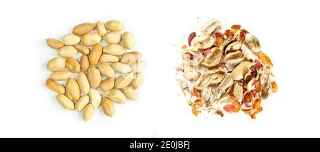 Arachides et pelures organiques pelées. Deux pieux isolés sur fond blanc Banque D'Images