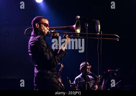 Troy Andrews, dont le nom est trombone Shorty, se produit au Montreux Jazz Festival, Suisse, le 9 juillet 2012. Photo de Loona/ABACAPRESS.COM Banque D'Images