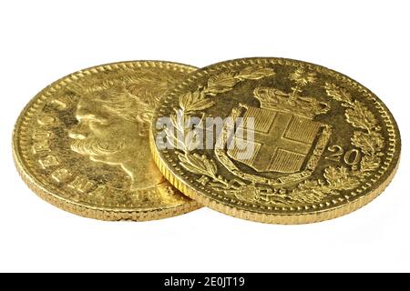 20 pièces d'or Lira italiennes isolées sur fond blanc Banque D'Images