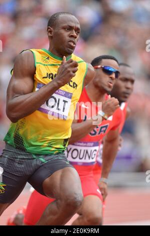 Usain Bolt de la Jamaïque est en compétition dans les hommes de 200 m Heats at dans le stade olympique pendant les Jeux Olympiques de Londres 2012, à Londres, Royaume-Uni le 7 août 2012. Photo de Gouhier-Guibbbbaud-JMP/ABACAPRESS.COM Banque D'Images