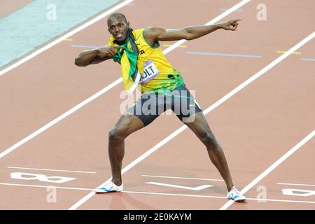 Usain Bolt de la Jamaïque remporte la médaille d'or dans les hommes de 200 mètres aux vêtements synthétiques aux Jeux Olympiques de Londres 2012 à Londres, Royaume-Uni le 9h août 2012. Photo de Henri Szwarc/ABACAPRESS.COM Banque D'Images