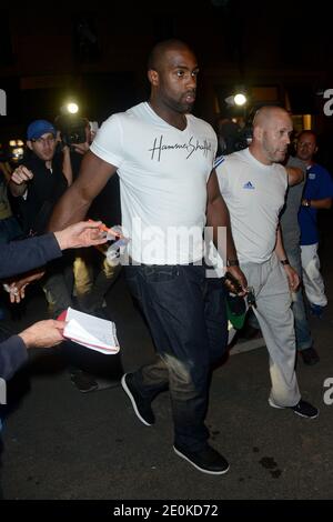 Teddy Riner arrive à la fête de l'équipe olympique française qui s'est tenue à la Cantine du Faubourg à Paris, en France, le 13 août 2012. Photo de Nicolas Briquet/ABACAPRESS.COM Banque D'Images