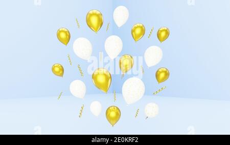 beaucoup de ballons volants blancs et dorés dans la pièce bleue, rendu 3d Banque D'Images