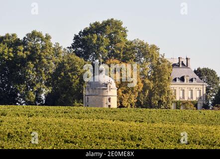 Vue générale du Château Latour, à Pauillac, région de Bordeaux, sud-ouest de la France, le 20 septembre 2012. Le Château, de l'appellation 'Pauillac', appartient aux 10 meilleurs vins de la région de Bordeaux. La région de Bordeaux, centrée sur la ville de Bordeaux, couvre toute la superficie du département de la Gironde, avec une superficie totale de plus de 120,000 hectares de vignoble, ce qui en fait la plus grande région viticole de France. Les millésimes moyens produisent plus de 700 millions de bouteilles de vin de Bordeaux, allant de grandes quantités de vin de table quotidien à certaines des plus chères et prestigieuses wi Banque D'Images