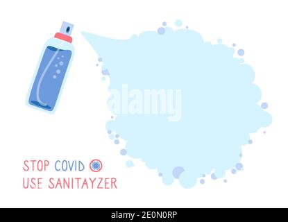 Fond de nuage pour le texte covid, antiseptique bouteille spray. La fiole antibactérienne tue les bactéries ou les virus. Concept de désinfectant. Pulvérisation par distributeur de désinfectant antibactérien. Arrêter le vecteur du coronavirus Illustration de Vecteur