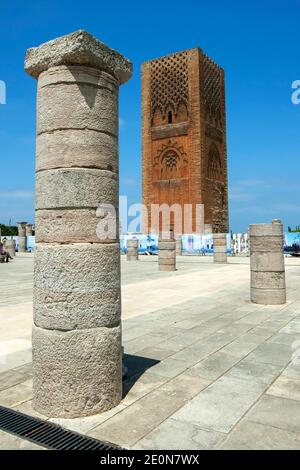 La magnifique tour Hassan et les colonnes en pierre de Rabat au Maroc. La tour est le minaret en grès rouge incomplet d'une mosquée commencée en 1195. Banque D'Images