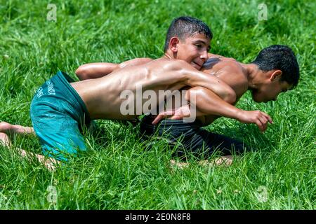 Les jeunes lutteurs se battent pour la victoire au Kirkpinar Turque Oil Wrestling Festival à Edirne, Turquie. Banque D'Images