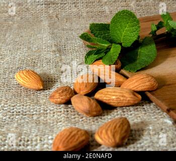 Amandes pelées et un petit bouquet de menthe fraîche couchée sur un sac de toile et une planche de bois vieillie Banque D'Images