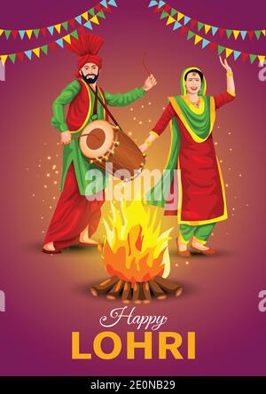 Happy Lohri festival de Punjab Inde fond. Illustration vectorielle de couple jouant la danse lohri. Illustration de Vecteur