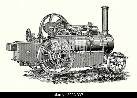 Une ancienne gravure d'une « locomotive de route » victorienne réalisée par Ransomes, Sims et Jefferies d'Ipswich, Suffolk, Angleterre, Royaume-Uni. Il est tiré d'un livre d'ingénierie mécanique des années 1880. Ce "moteur mobile" est une version légère car les locomotives de route ont été conçues pour le transport lourd sur les voies publiques. Ils étaient généralement plus grands que le moteur de traction normal et étaient équipés d'un engrenage à trois vitesses. Ils ont également été suspendus sur les essieux avant et arrière. Un réservoir d'eau supplémentaire a été installé sous la chaudière afin de pouvoir parcourir de plus grandes distances. Ils pourraient tirer des charges allant jusqu'à 120 tonnes. Banque D'Images