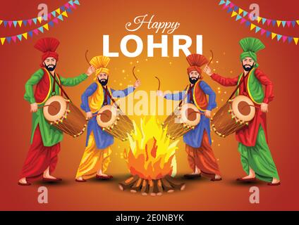 Happy Lohri festival de Punjab Inde fond. Vecteur illustration groupe de personnes jouant la danse lohri. Illustration de Vecteur