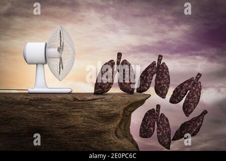 Un ventilateur souffle les poumons de la maladie sur la falaise au coucher du soleil par jour magenta. Journée de l'interdiction de fumer monde,31 mai ou cesser de fumer ou de maladies pulmonaires. illustration 3d Banque D'Images