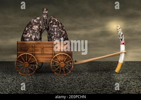 Cigarette allumée traînant un chariot de ferme de maladies poumons sur l'asphalte dans une journée de coucher du soleil. Journée non fumeur monde, 31 mai ou cesser de fumer. illustration 3d Banque D'Images